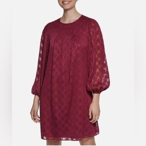 DKNY Shift Dress Mini Burgundy Gold Metallic Jacquard Long Sleeves Size 16 Party